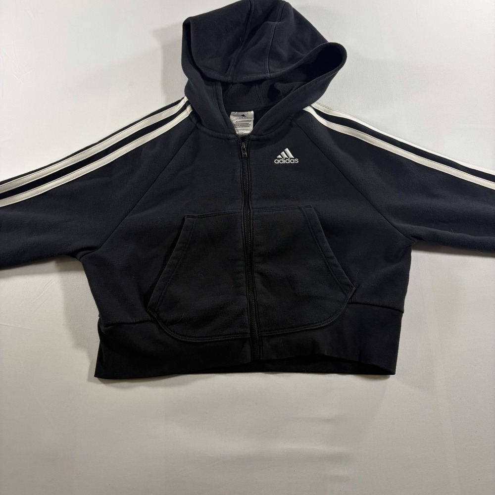 Adidas Youth Girls XS 6/6X Black Full-Zip Hooded Sweatshirt 3-Stripe - Picture 1 of 7